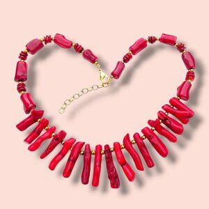 Red Bamboo Coral Bib Necklace Gold Plated Ethnic Tribal Boho 17in Custom OOAK